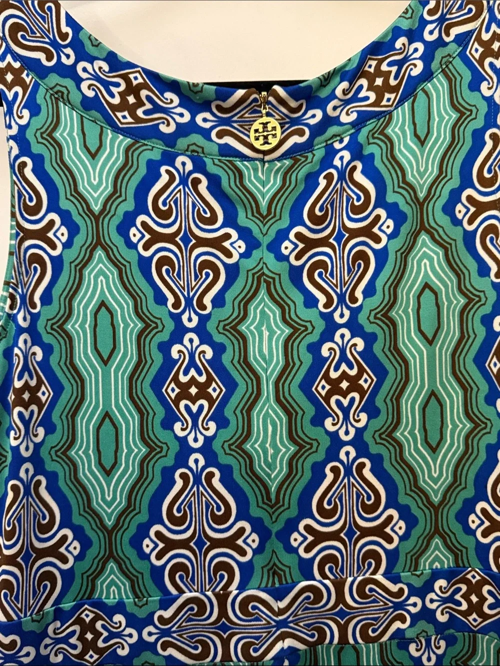 Tory Burch Teal, Blue & Brown Geometric Print Dress